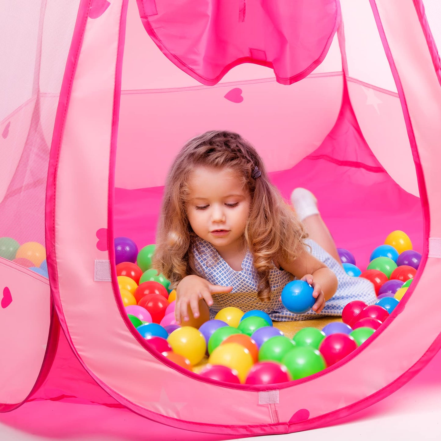 DISHIO Ball Pits with 50 Balls, Pop up Tents for Kids with Star Lights