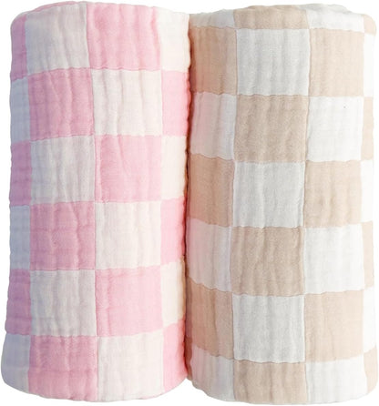 Ultra Soft Checkered Muslin Baby Blanket Pack of 2 Cotton Swaddles Bed Blankets for Babies and