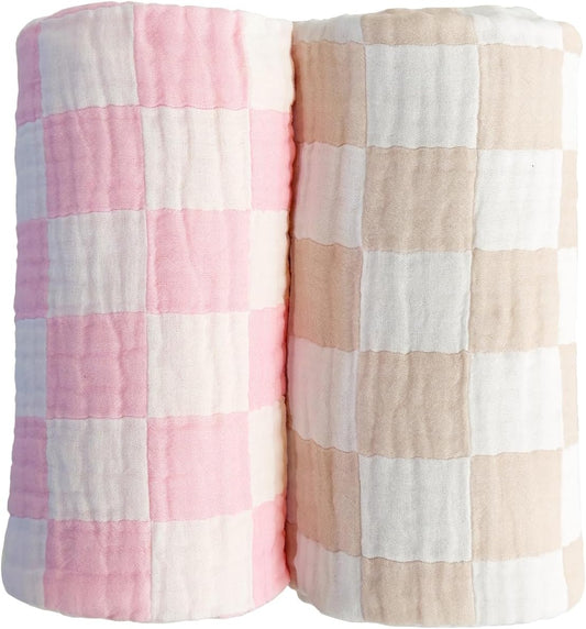 Ultra Soft Checkered Muslin Baby Blanket Pack of 2 Cotton Swaddles Bed Blankets for Babies and