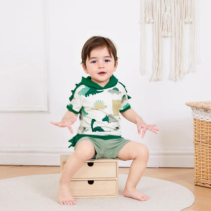 Toddler Baby Boy Summer Hooded Outfit Contrast Color Short Sleeve T Shirt Top Elastic Shorts Summer