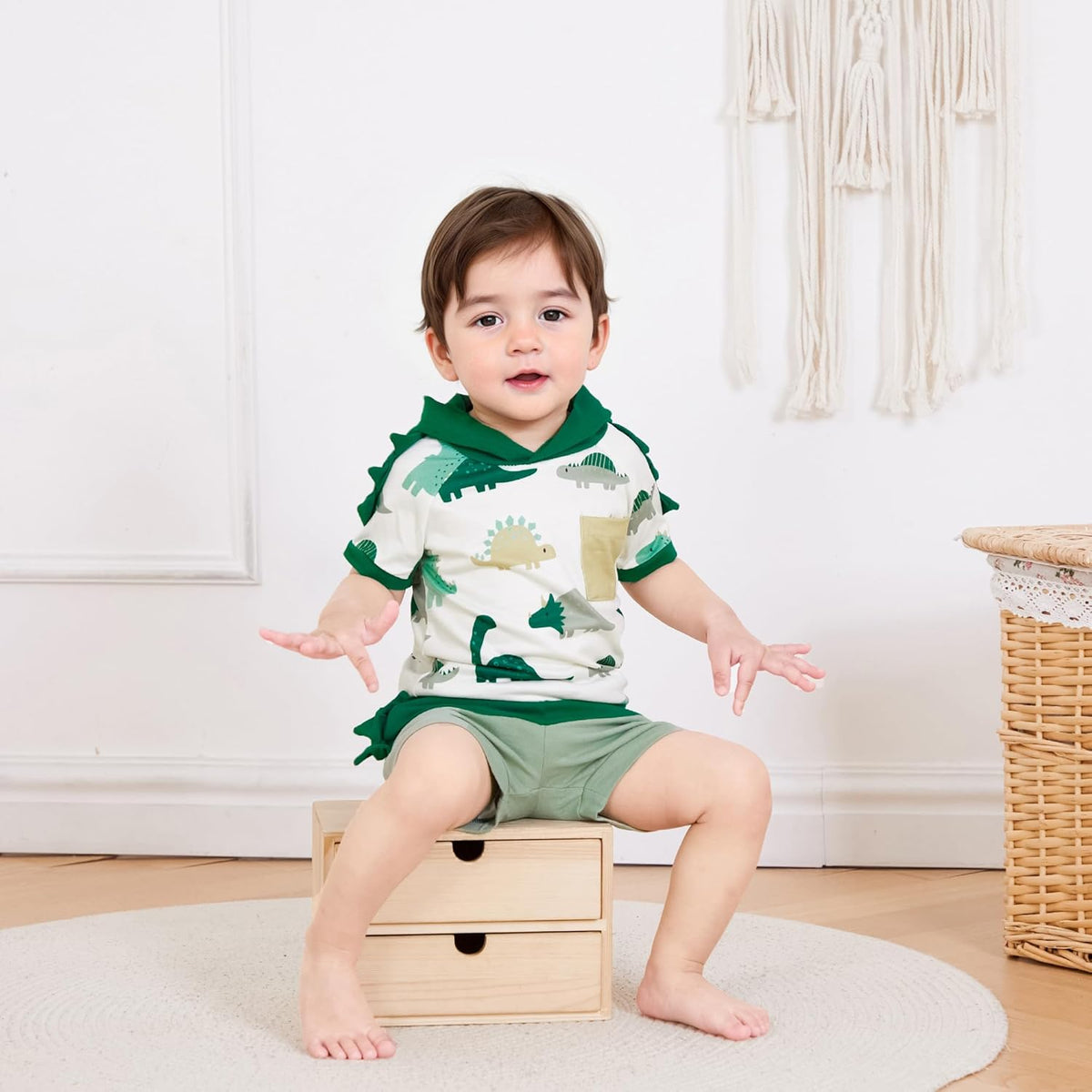 Toddler Baby Boy Summer Hooded Outfit Contrast Color Short Sleeve T Shirt Top Elastic Shorts Summer