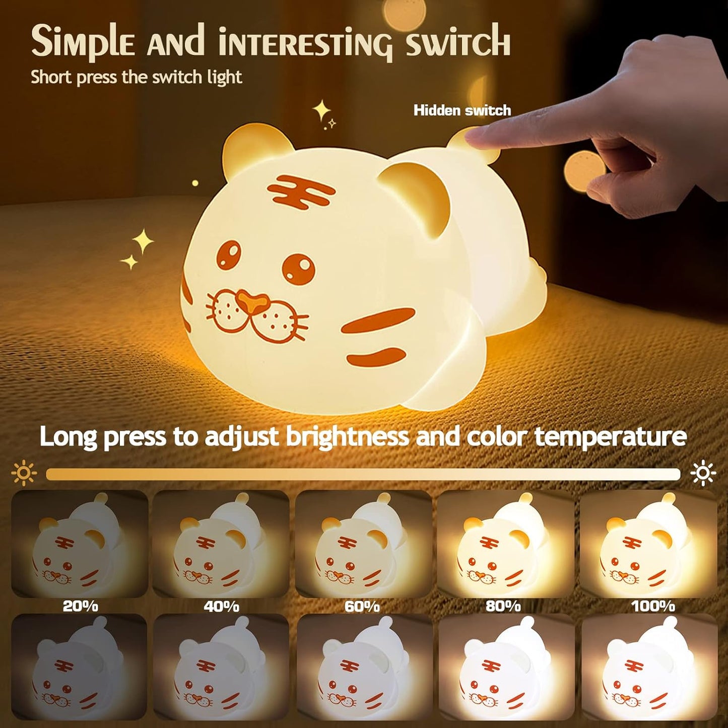 QANYI Christmas Gift Tiger Lamp, Silicone Color Changing Tiger Desk Nightlight, Rechargeable