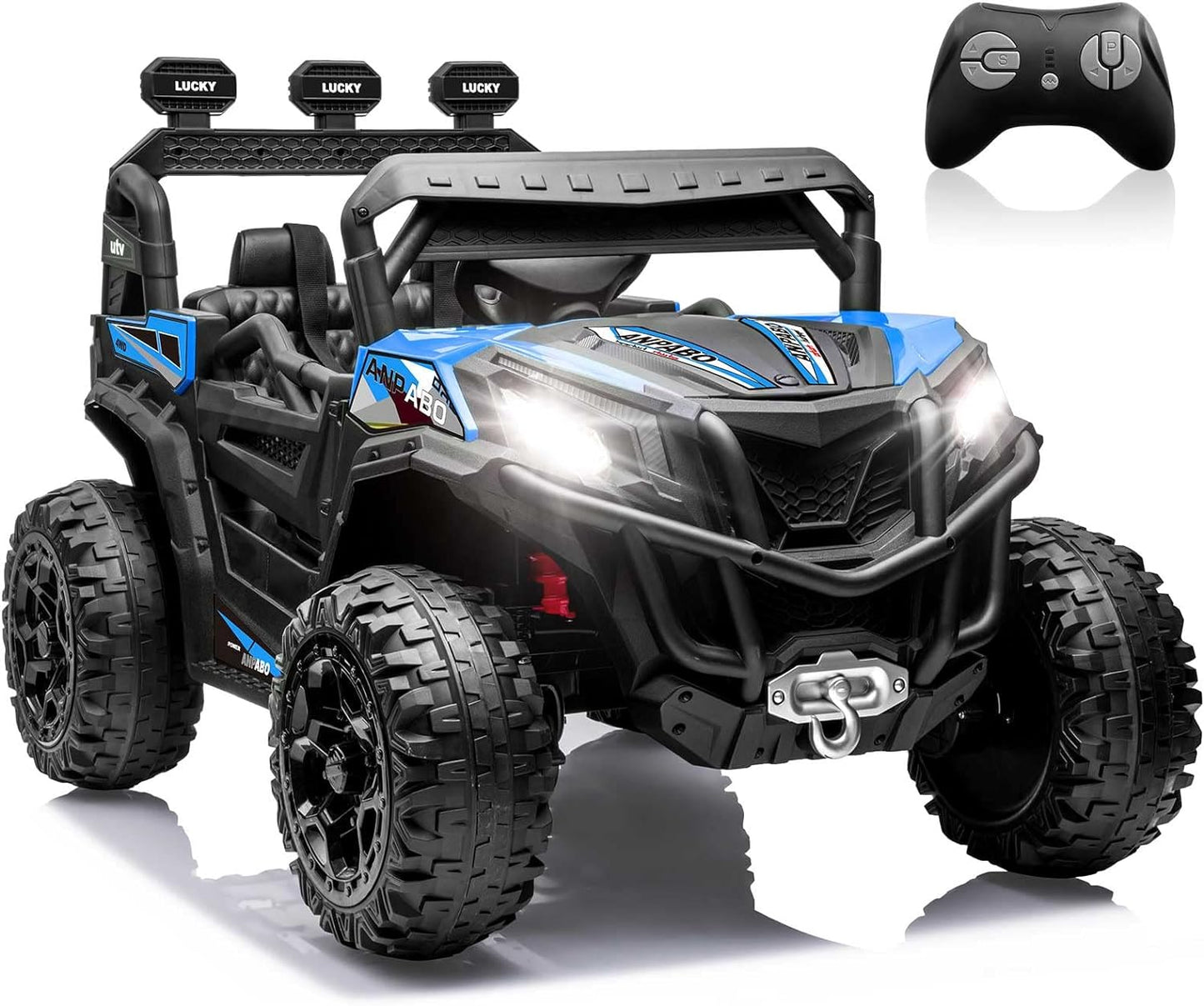 ANPABO 24V 4X4 Ride on Car Truck w/Remote Control, 4WD/2WD Switchable Kids UTV, 19" Spacious Seat