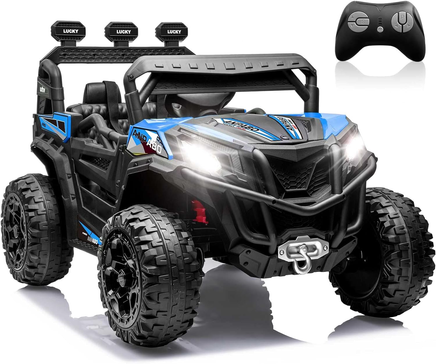 ANPABO 24V 4X4 Ride on Car Truck w/Remote Control, 4WD/2WD Switchable Kids UTV, 19" Spacious Seat