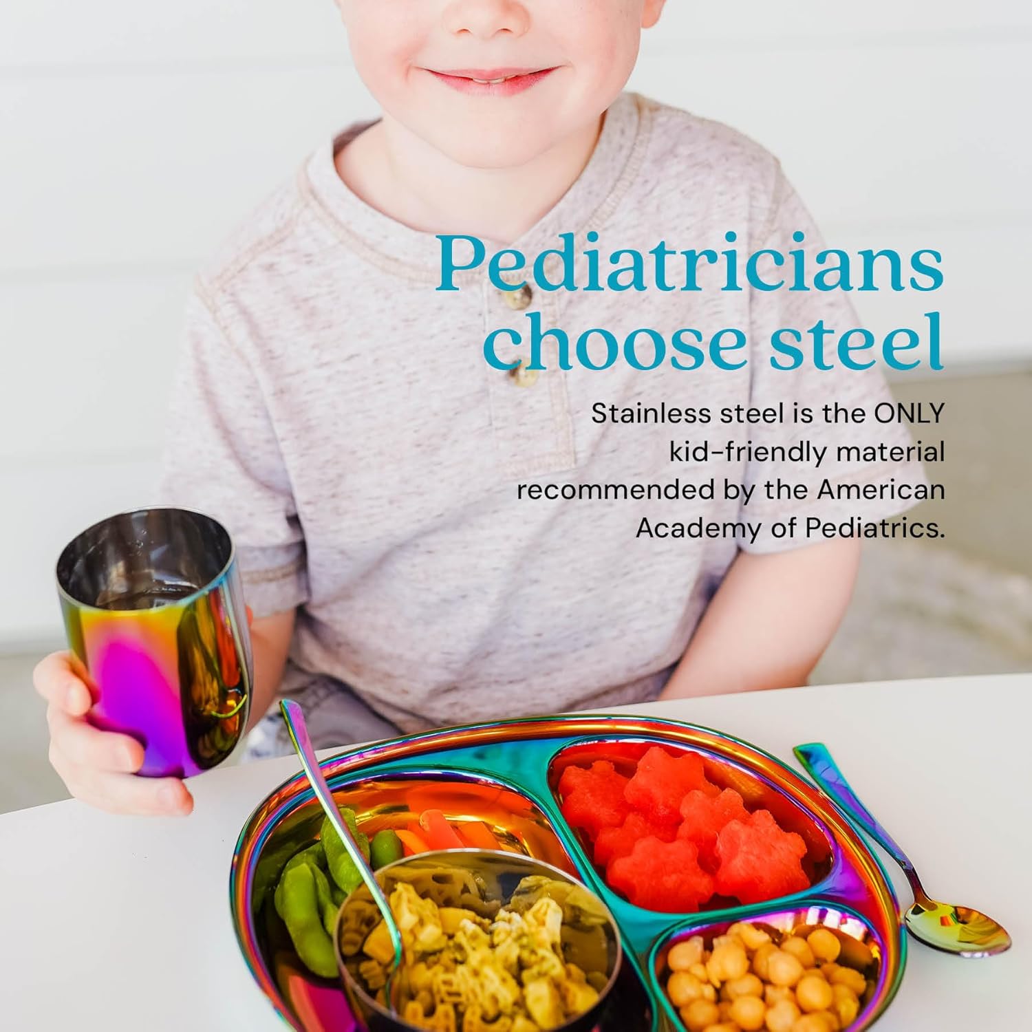 Ahimsa Stainless Steel Kids Dinnerware Set - 5 Piece Stainless Steel Toddler Plates and Bowls Set