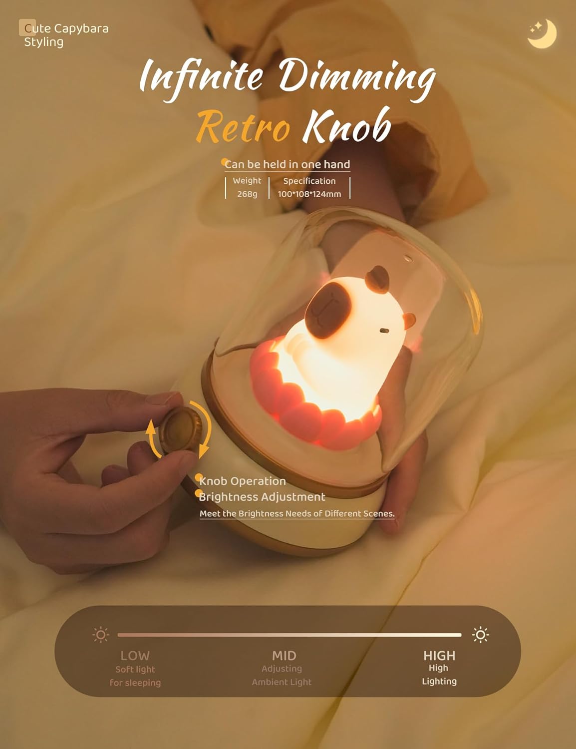 Lucky Capybara Night Light, Cute Lamp and Cozy Lighting,Rotate to Adjust Brightness,Rechargeable