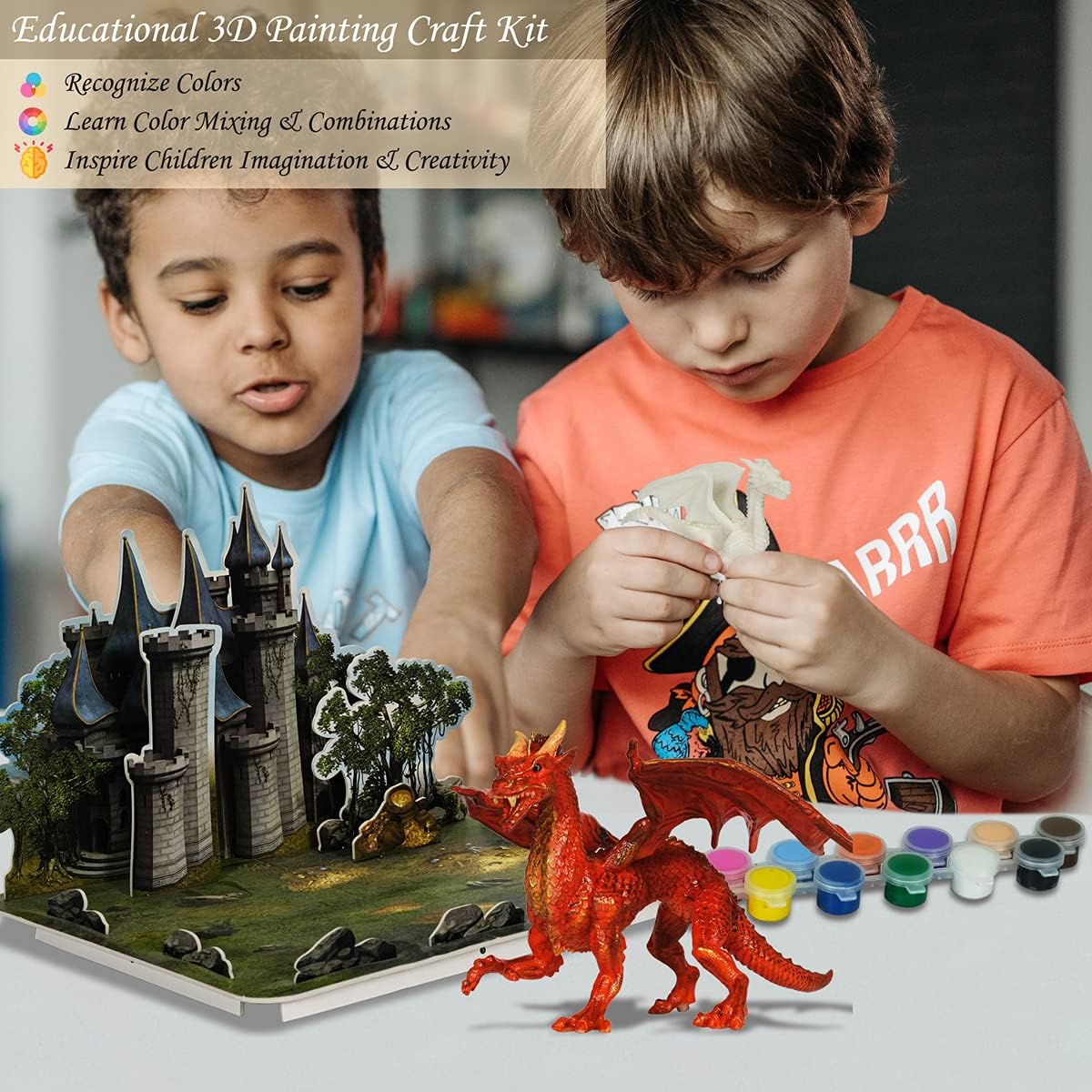 Kids Arts Crafts Set - Dragon Toys Painting Kit with 3 Dragons Figurines and 3D Jigsaw Puzzle