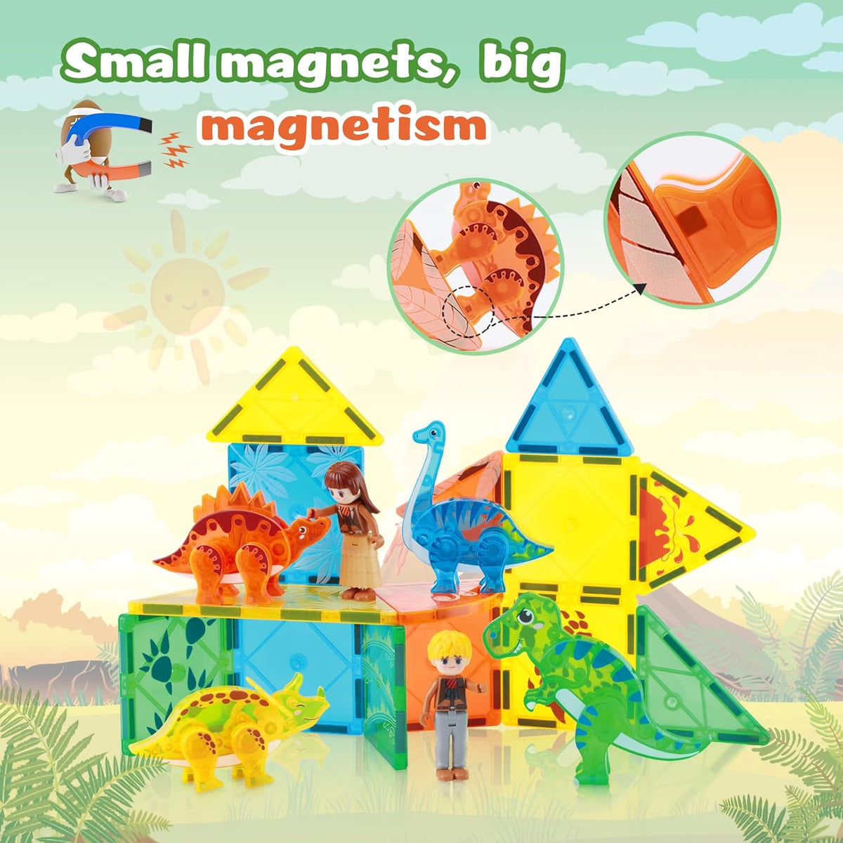 Dinosaur Magnetic Tiles,Animals Magnet Building Blocks Toys Dino World,3D STEM Educational Magnet