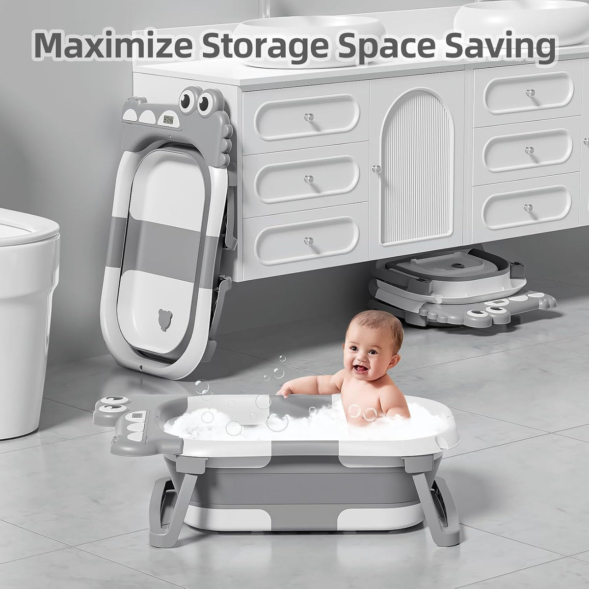 TPN Collapsible Baby Bathtub, Baby Bath Tub with Soft Cushion & Real-Time Thermometer, Baby Bathtub