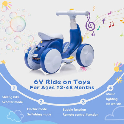 6V Electric Baby Balance Bike with Bubble Machine,4 in 1 Toddler Balance Bike w/Remote Control for