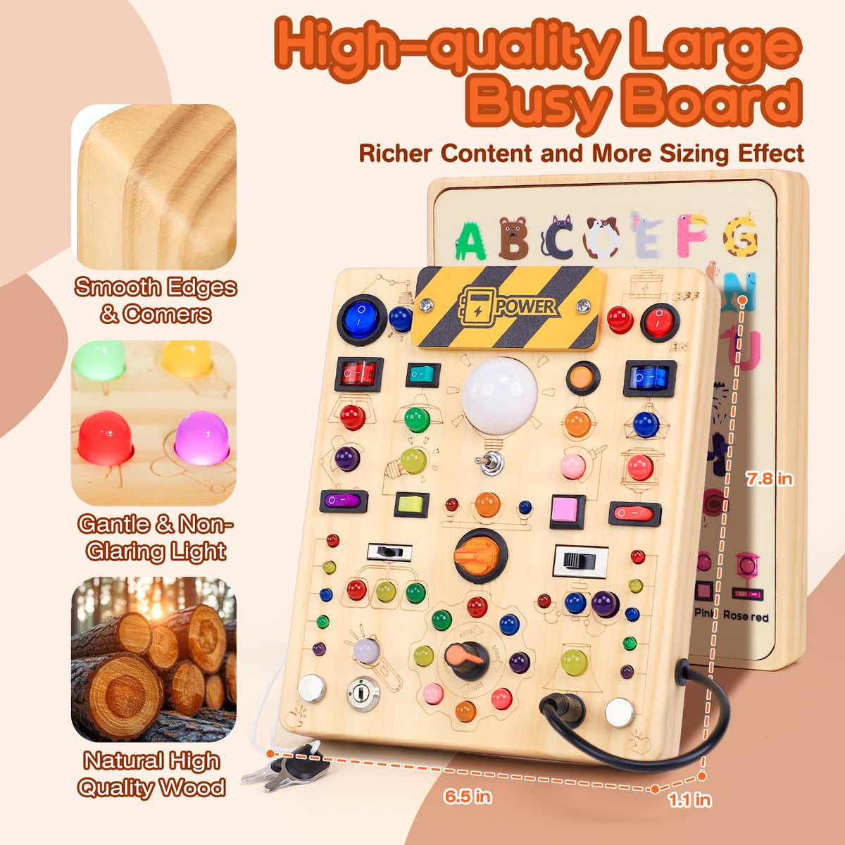 Busy Board with 19 LED Light Switches, Montessori Toys for 1 2 3 Years Old, Wooden Sensory Board