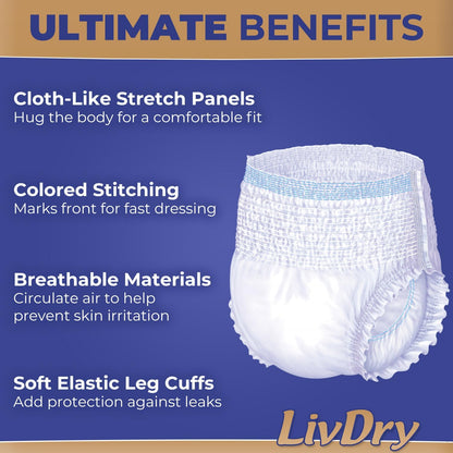 LivDry Large Ultimate Adult Incontinence Underwear, Max Absorbent Adult Diapers with Leak