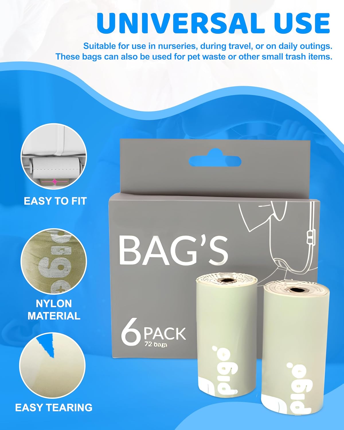 Compostable Disposable Diaper Bags Refills | 6 Rolls, 72 Leak-Proof, XL Biodegradable Baby Poop