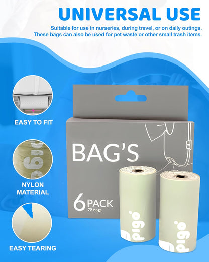 Compostable Disposable Diaper Bags Refills | 6 Rolls, 72 Leak-Proof, XL Biodegradable Baby Poop