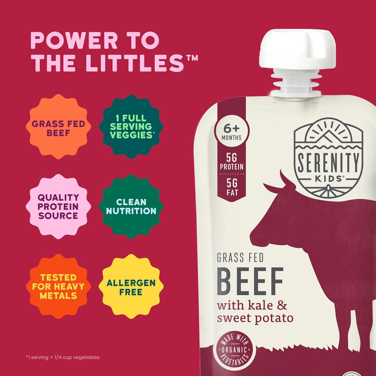 Serenity Kids 6+ Months Baby Food Pouch Puree - Grass Fed Beef, Kale & Sweet Potato - Ethically