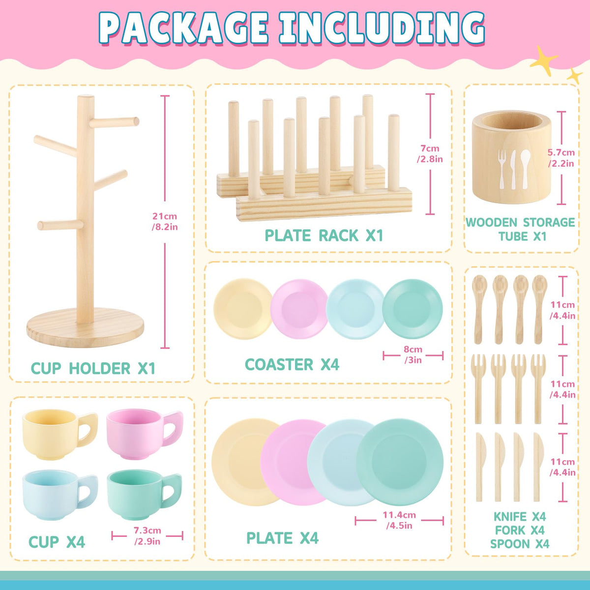 GAGAKU Kids Wooden Play Dishes Set -27Pcs Montessori Play Kitchen Accessories Plates and Bowls Set