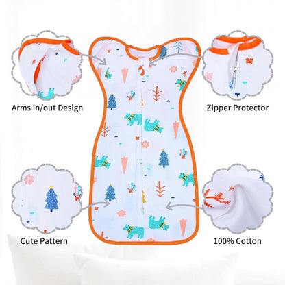 Transition Swaddle 0-3 Months, Newborn Sleep Sack Arms up Swaddle 2-Way Zipper 100% Cotton Arms