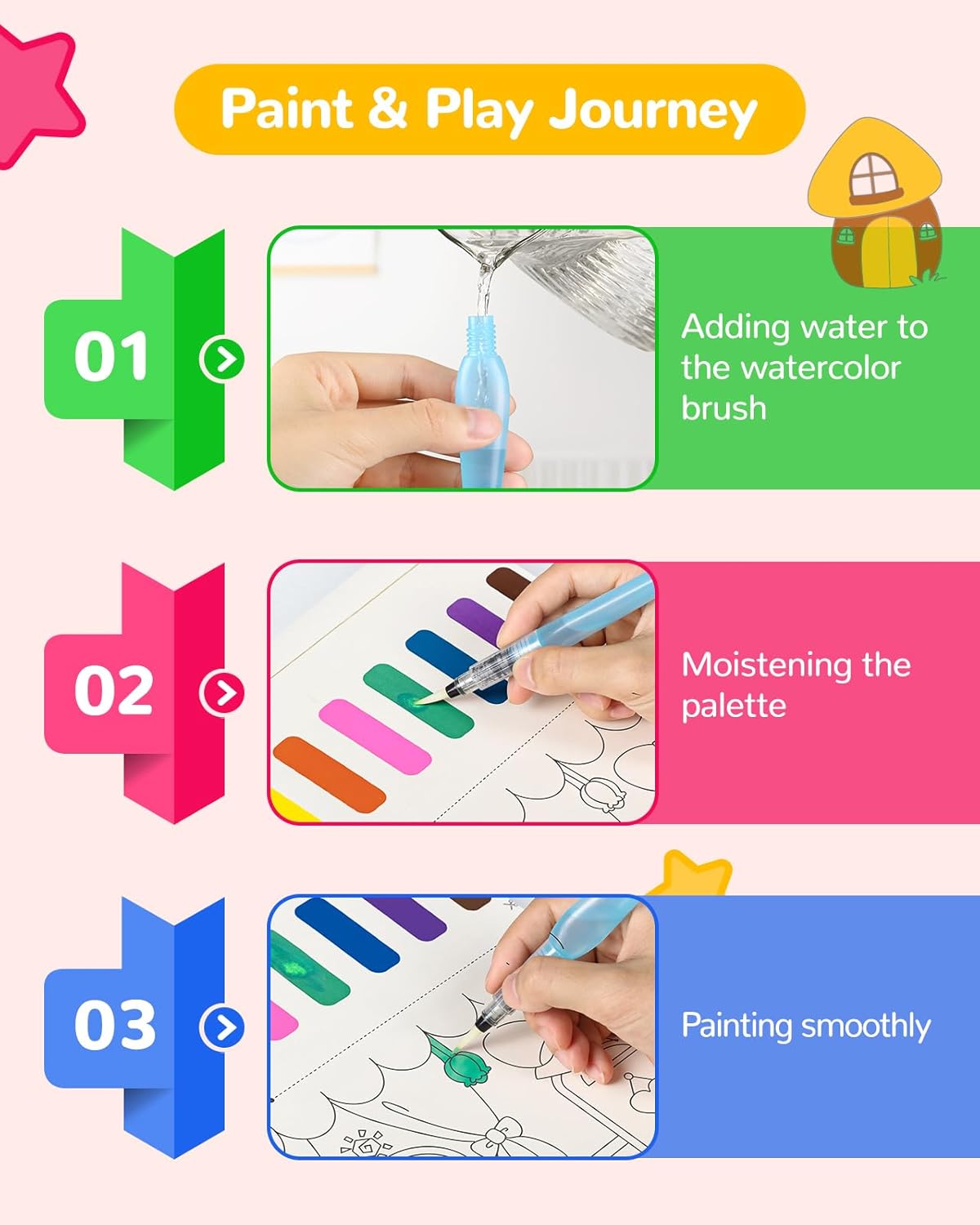 TECJOE Paint with Water Coloring Books for Toddlers, Princess Series Watercolor Set with 3 Brushes
