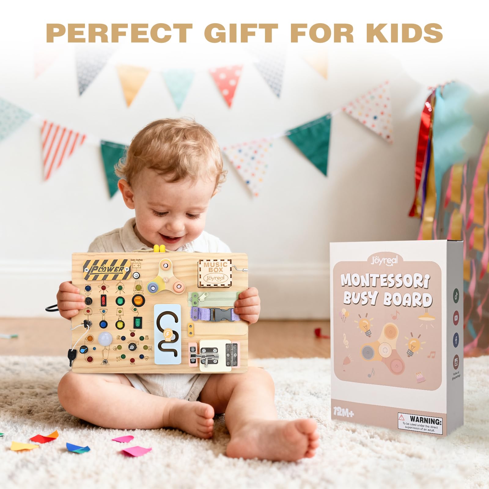 Joyreal Wooden Busy Board Montessori Toys for Toddlers, Sensory Activity Board with LED Lights