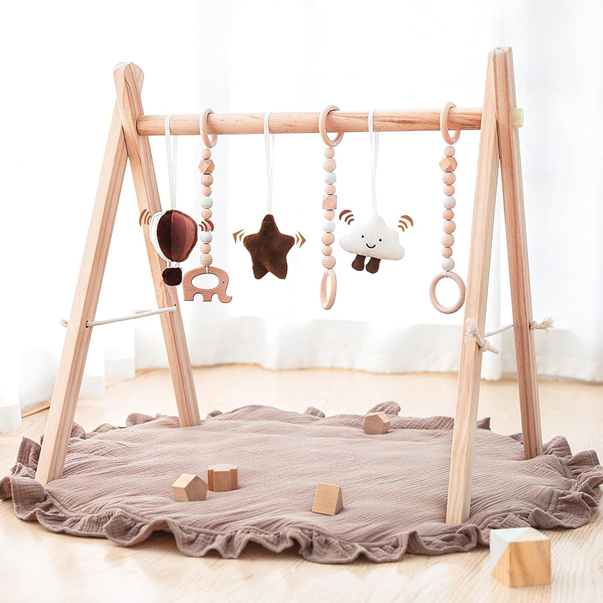 Razee Wooden Baby Play Gym Play Mat, Foldable Baby Gym with 6 Hanging Sensory Toys for Newborn