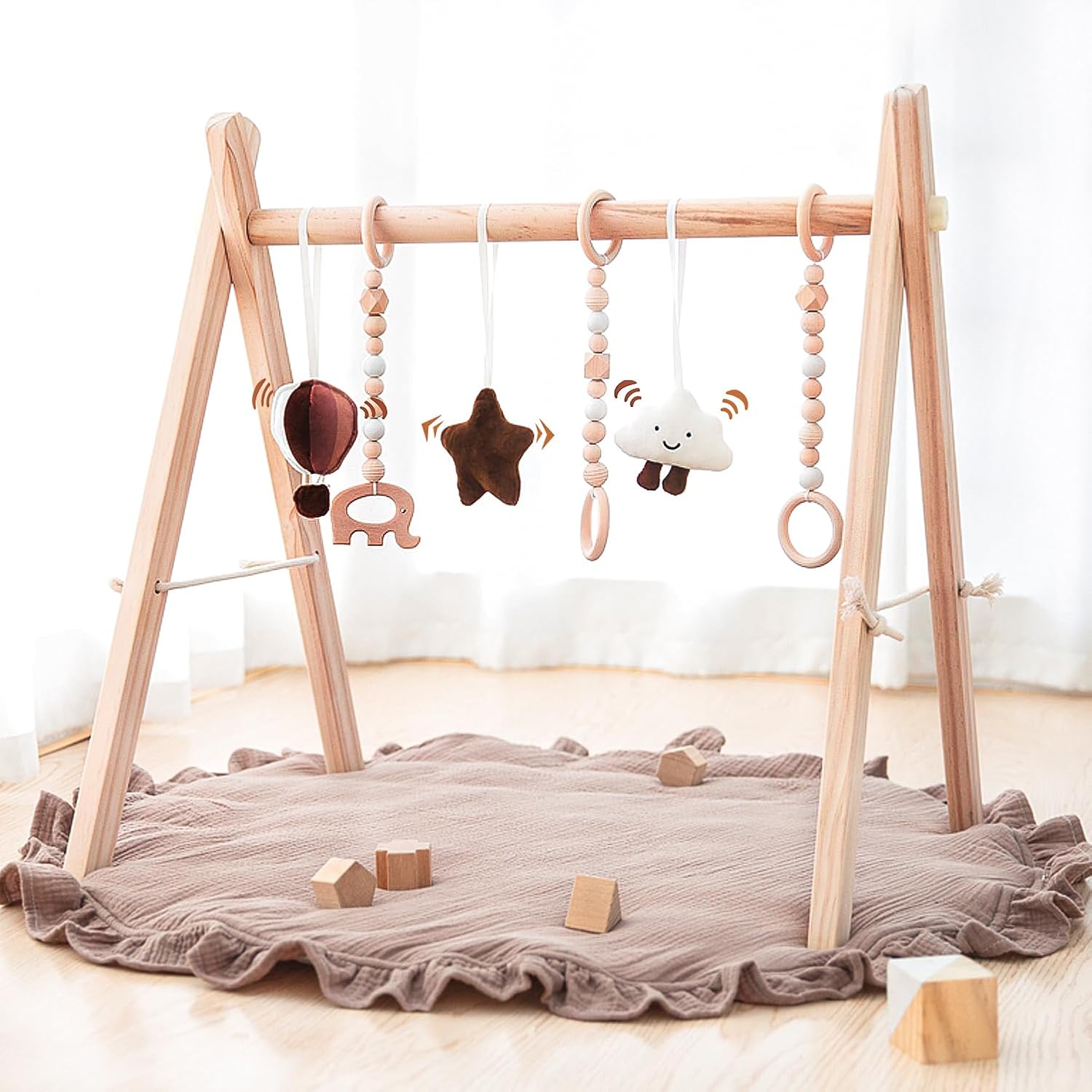 Razee Wooden Baby Play Gym Play Mat, Foldable Baby Gym with 6 Hanging Sensory Toys for Newborn