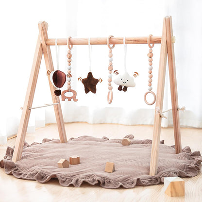 Razee Wooden Baby Play Gym Play Mat, Foldable Baby Gym with 6 Hanging Sensory Toys for Newborn