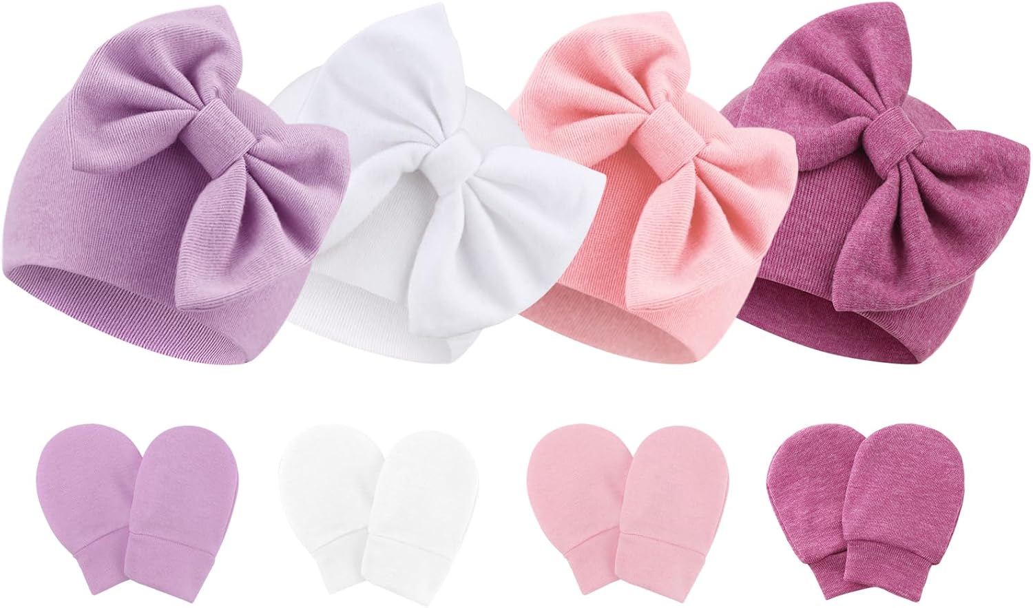BQUBO Newborn Baby Hats Mittens Set Hospital Hat Beanie Infant Bow Hats Baby Gloves No Scratch