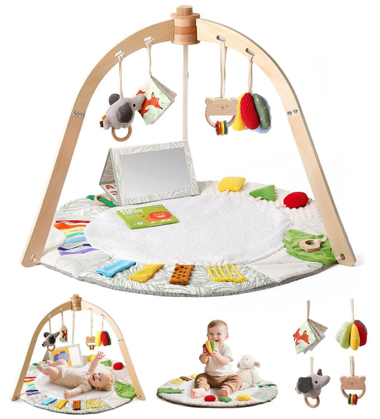 Wooden Baby Play Gym & Tummy Time Playmat – Montessori Sensory Activity Mat with 6 Developmental