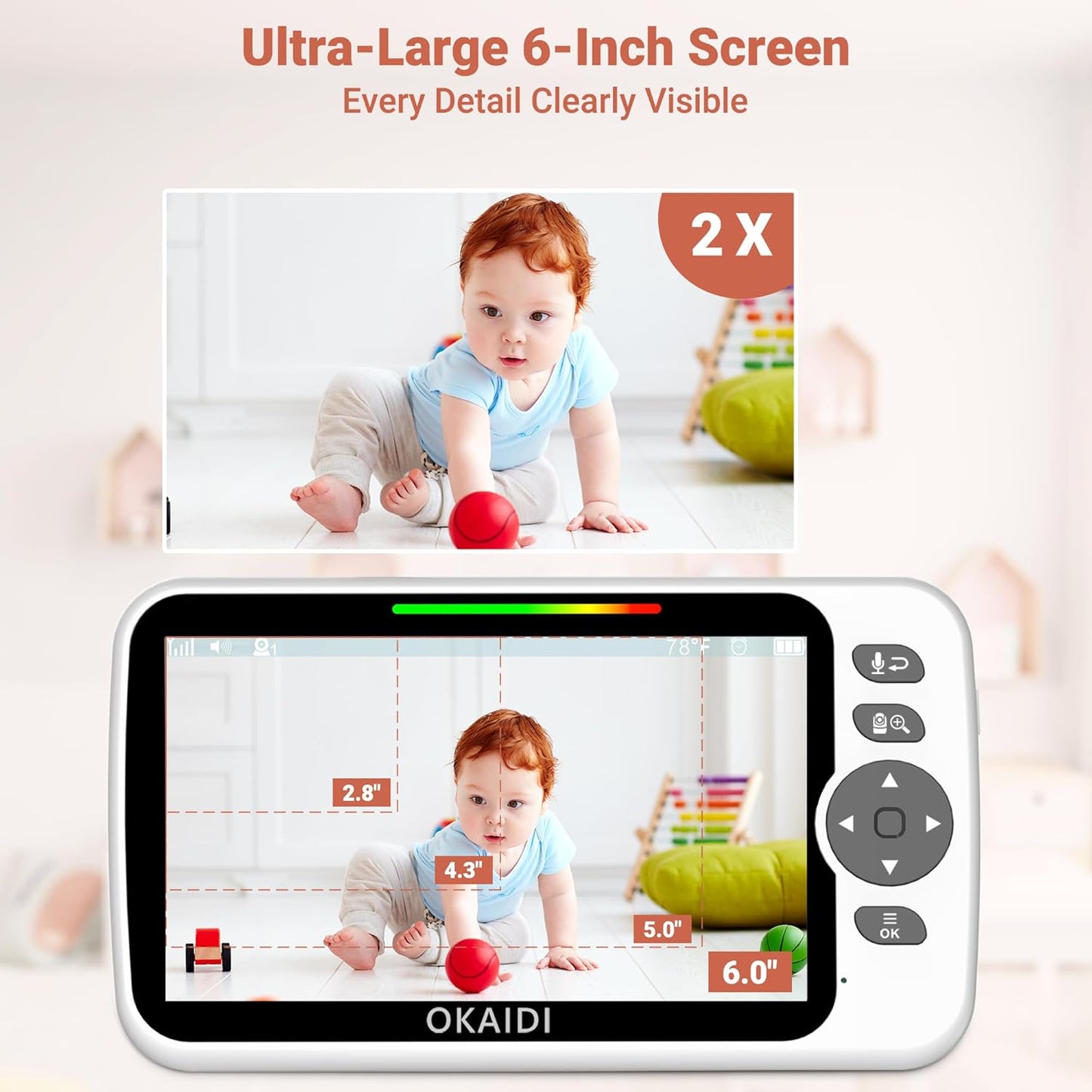 Baby Monitor No WiFi, 6" Extra-Large IPS Screen with 30-Hrs Battery, 1000ft Baby Monitor with