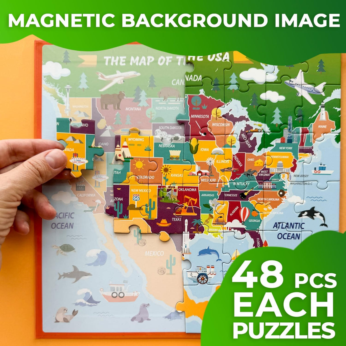 QUOKKA Magnetic Puzzles for Toddlers 4-6 - 2x48 Travel Puzzles Games for Kids Ages 3-5 - USA &