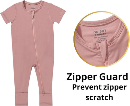 GUISBY Rayon Made from Bamboo Baby Pajamas, Summer Short Sleeve Footless Rompers, 2 Way Zipper