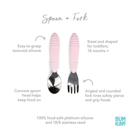 Bumkins Toddler Utensils, Kids Fork and Spoon Set, Silicone and Stainless-Steel Silverware, Angled