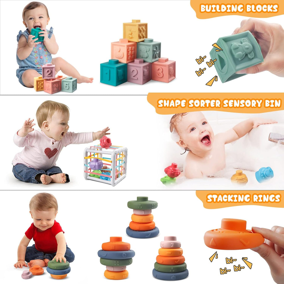 4-in-1 Baby Toys for 6-12 Months, Montessori Soft Stacking Blocks for Babies, Infants Teething