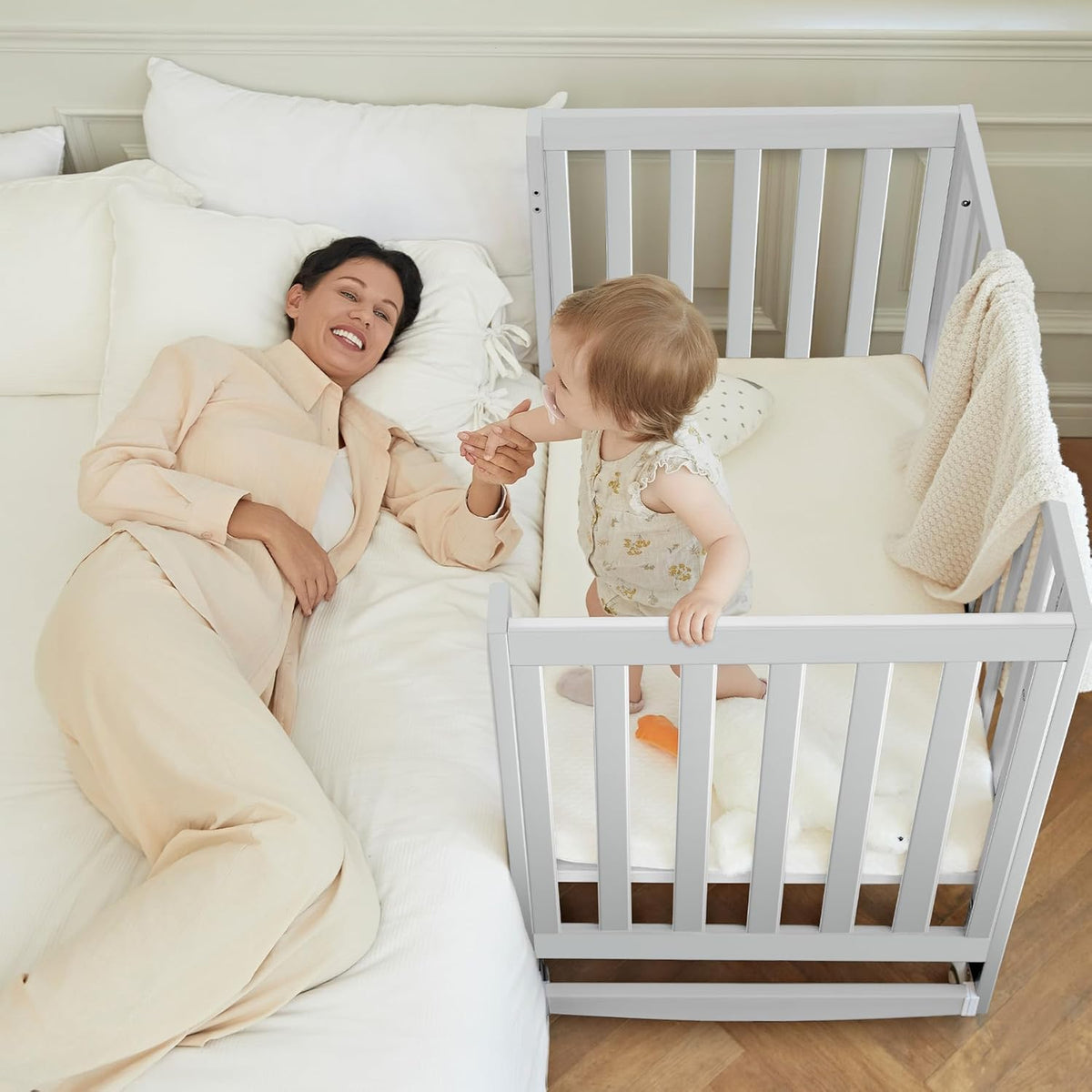 EvoNest Baby Crib, 11 in 1 Convertible Mini Crib with Wheels, 100% New Zealand Wood Growing Bed, 4