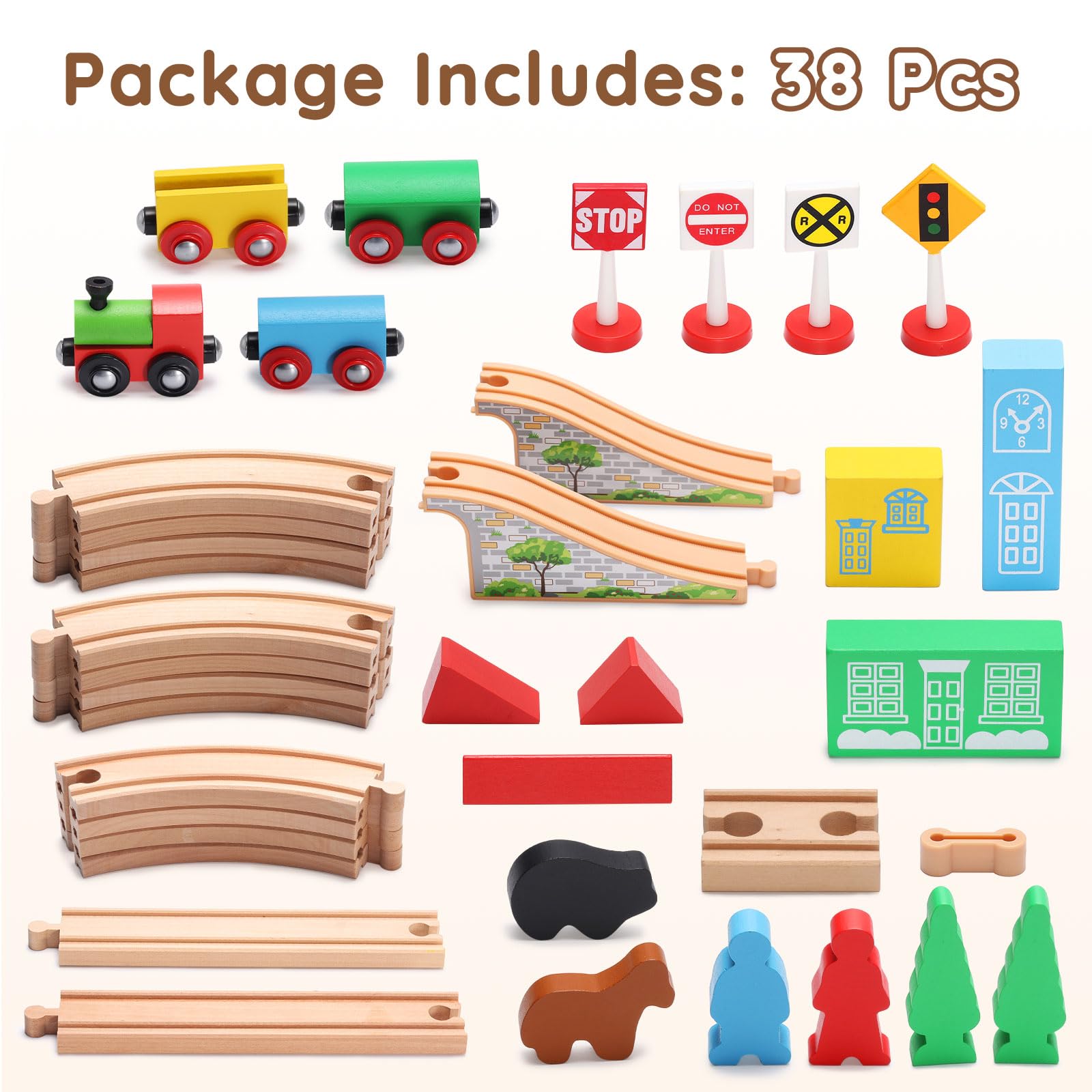 SainSmart Jr. Wooden Train Set for Toddler with Double-Side Train Tracks Fits Brio, Thomas, Melissa