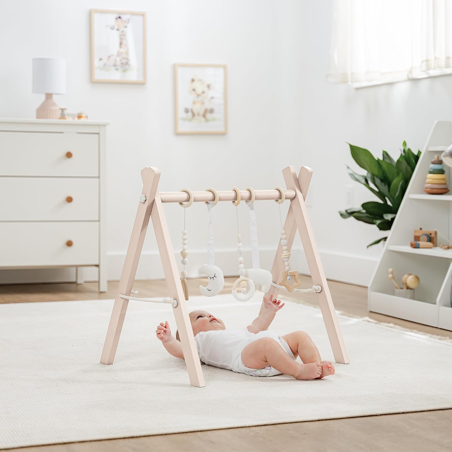 Comfy Cubs Wooden Baby Play Gym - Natural Finish Pinewood Baby Activity Gym with 5 Sensory Hanging