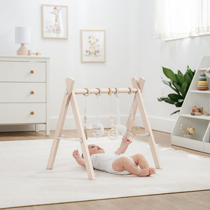 Comfy Cubs Wooden Baby Play Gym - Natural Finish Pinewood Baby Activity Gym with 5 Sensory Hanging