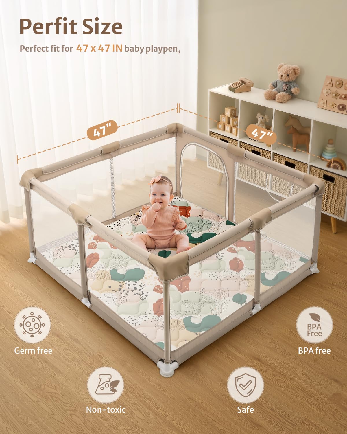 Blissful Diary Baby Play Mats for Floor, 47x47 Inch Playpen Mat, Thicken Padding Foam Playmate for