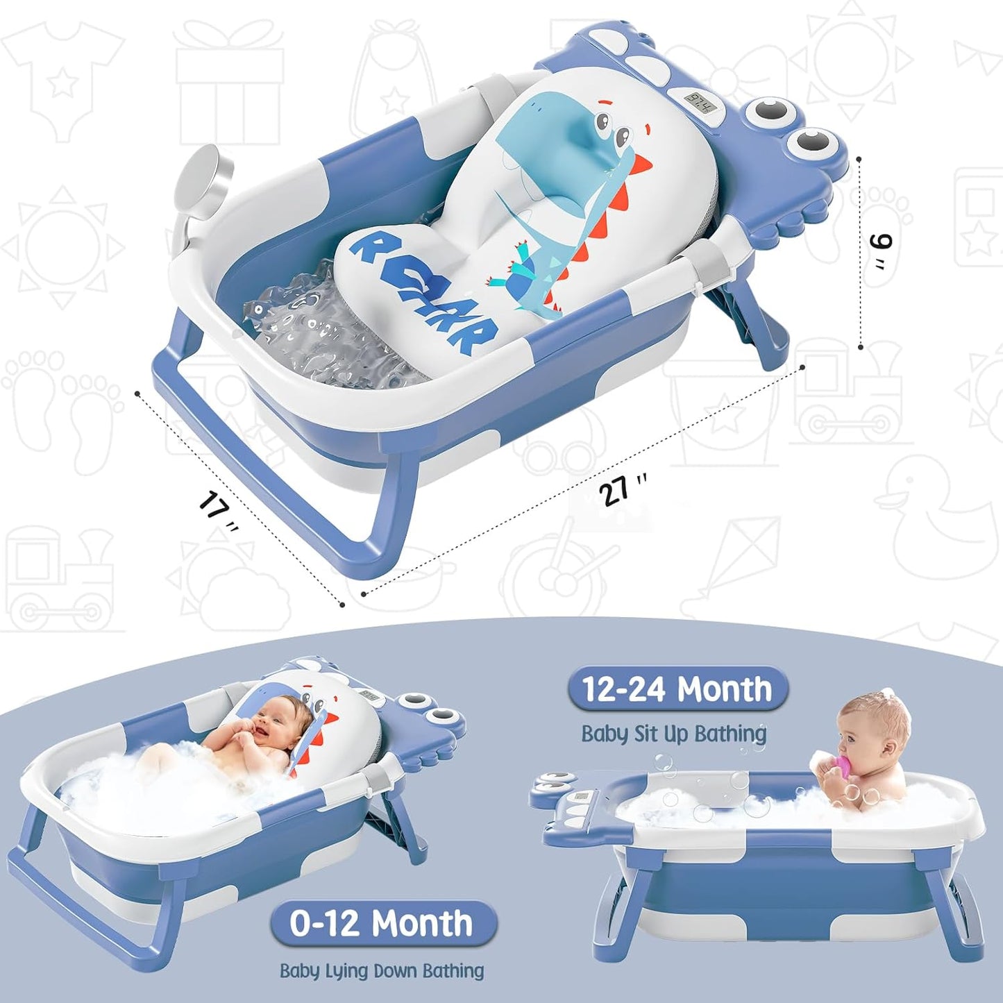 TPN Collapsible Baby Bathtub, Baby Bath Tub with Soft Cushion & Real-Time Thermometer, Baby Bathtub