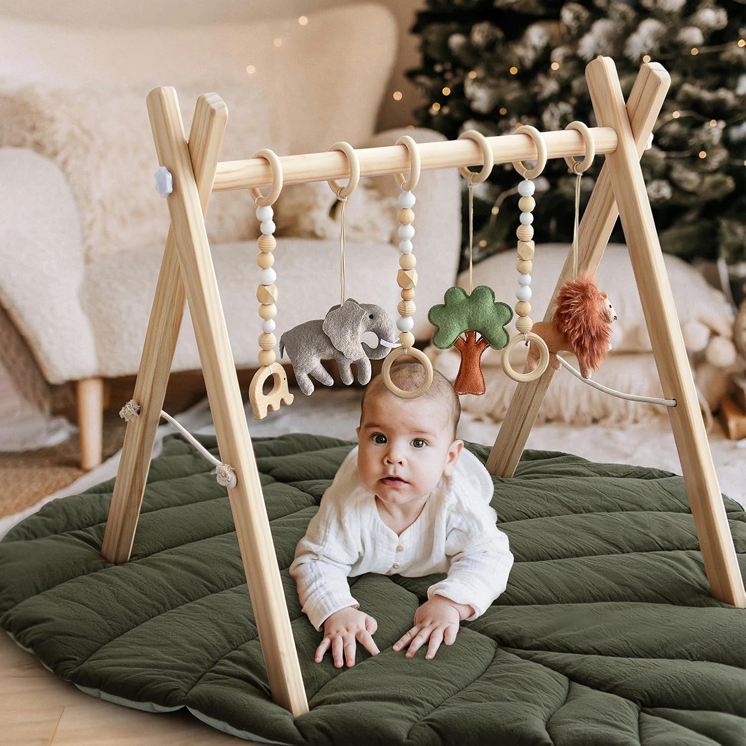 Razee Wooden Baby Play Gym Activity Mat, Leaf Shaped Play Mat Baby Gym with 6 Hanging Sensory Toys