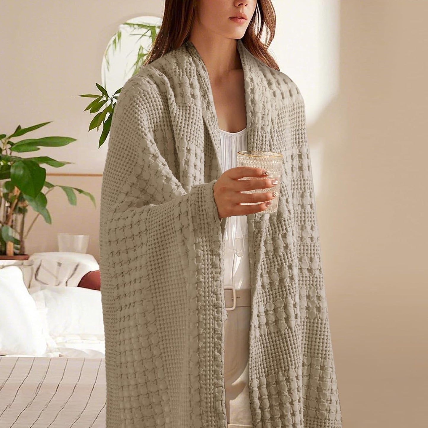 PHF 100% Cotton Waffle Weave Throw Blanket, Soft Lightweight Breathable Cozy Summer Throws for