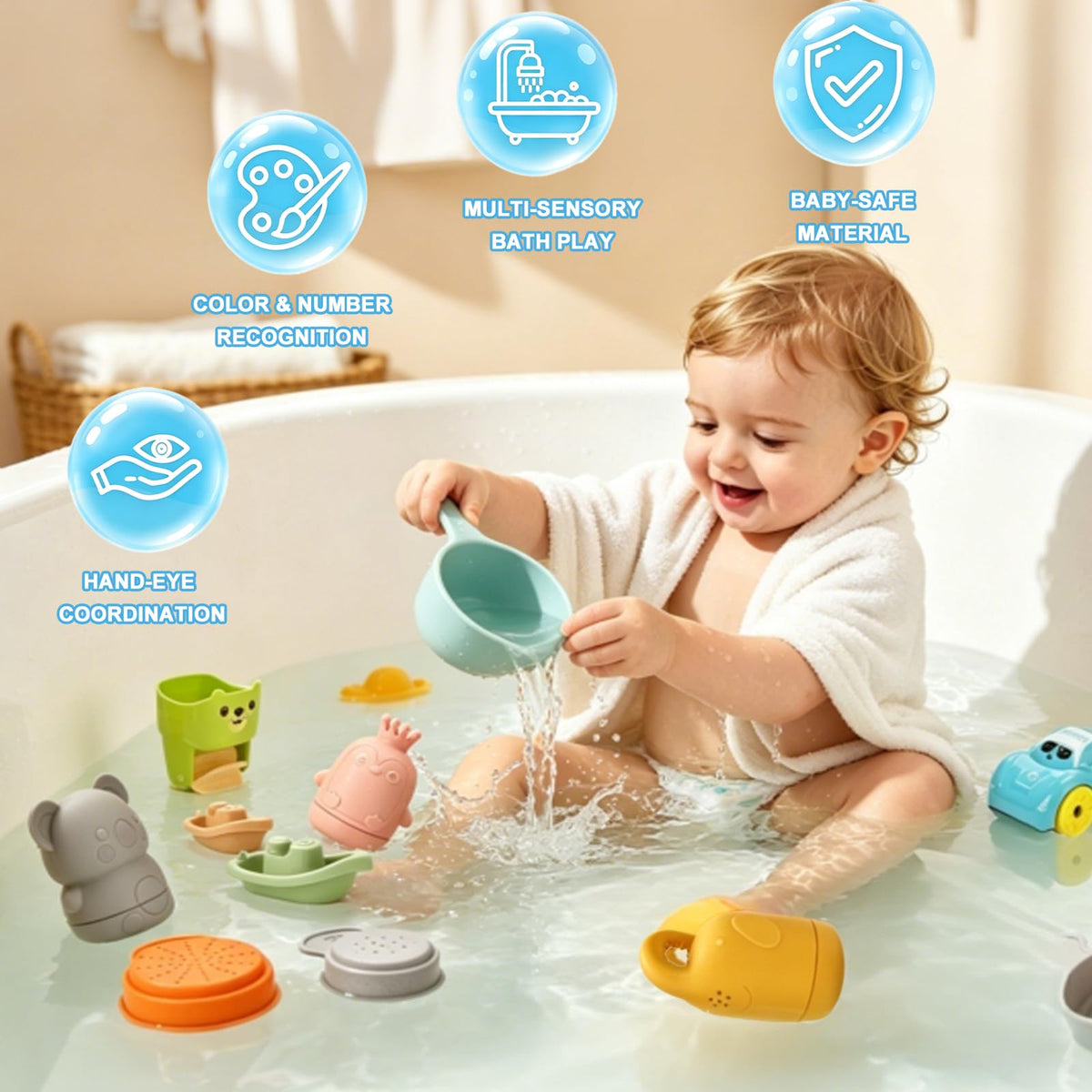 Baby Bath Toys, Pool Toys, Suitable for Children and Toddlers, 6-in-1 Set Including Floating Boat