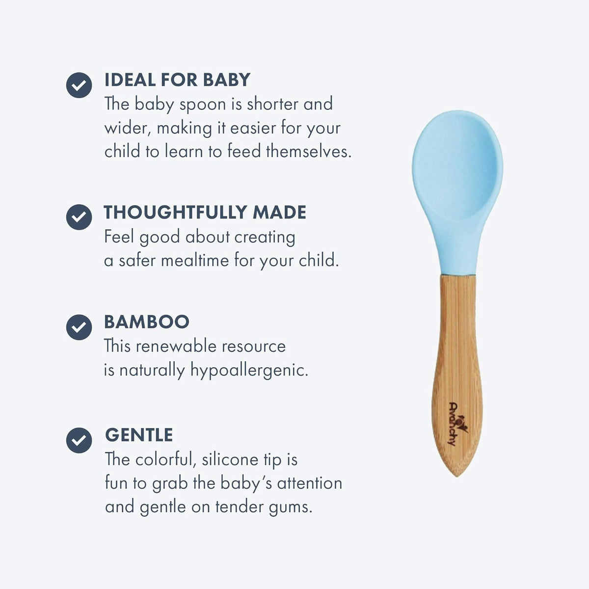 Avanchy Baby Spoons 5 Bamboo and Silicone Set, Self Feeding Food Utensils, 4 Months Baby Led