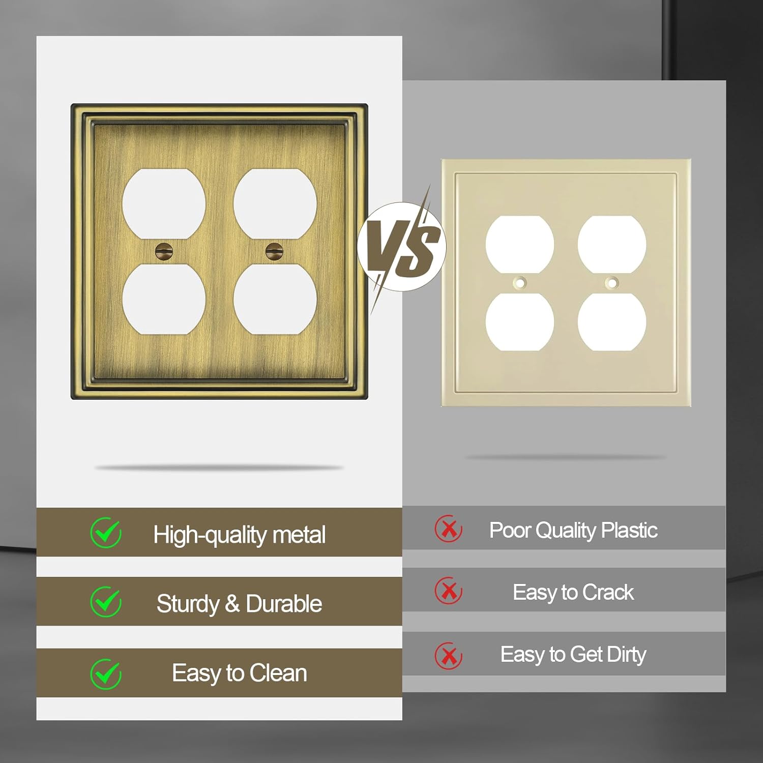 Metal Double Outlet Covers Wall Plate, Antique Brass Decorative Light Switch Plate 2 Gang Duplex