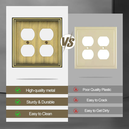 Metal Double Outlet Covers Wall Plate, Antique Brass Decorative Light Switch Plate 2 Gang Duplex