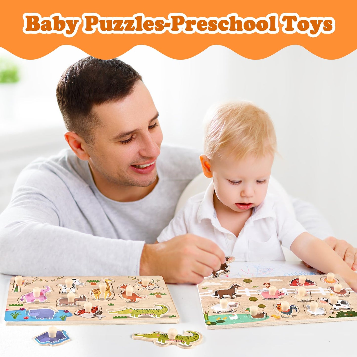 WoodTrove Wooden Peg Puzzles for Toddlers 1-3, 2 Pcs Montessori Puzzles, Zoo & Farm Animal Puzzles