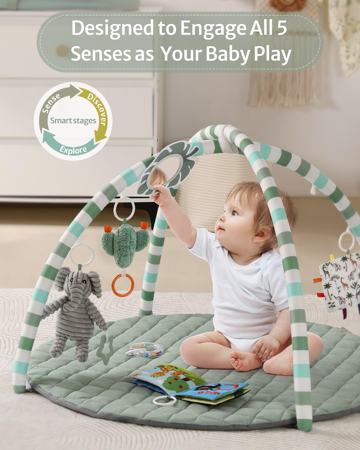 Blissful Diary Baby Play Gym Mat, Tummy Time Mat with 6 Detachable Toys for Stage-Based Sensory &