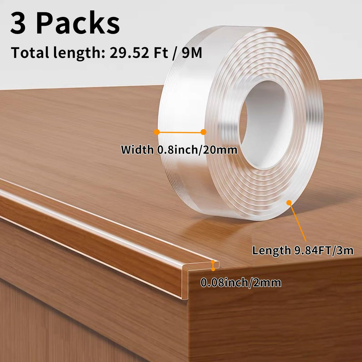 Edge Protector Strip for Furniture,Table Corner Protectors,0.8in x 9.84Ft,3 Rolls,Cabinet