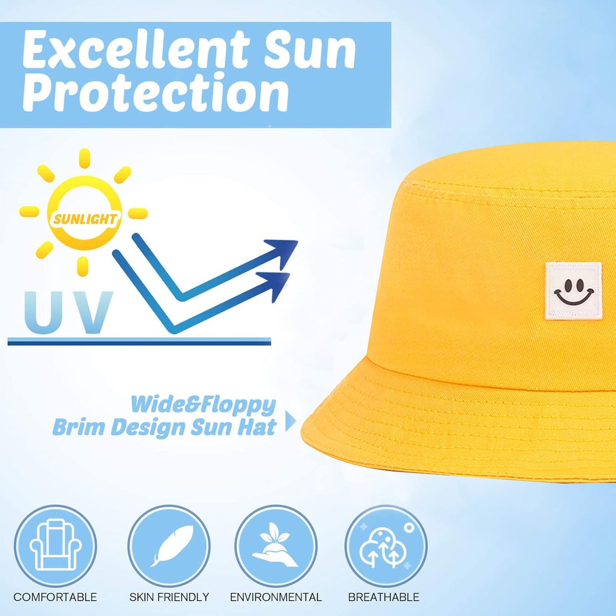Kids Sun Hat Smile Face Bucket Hat for Girls Boys Summer Sun Protection Cotton Unisex Beach Cap