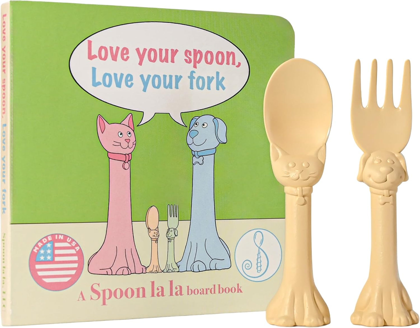 Made in USA Spoon la la Toddler Utensils Set (2 Pack) & Board Book - Spoon & Fork for Kids